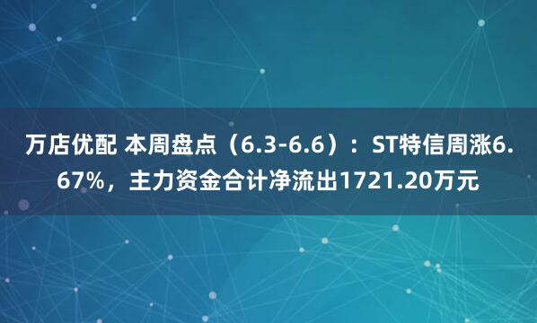 万店优配 本周盘点（6.3-6.6）：ST特信周涨6.67%，主力资金合计净流出1721.20万元